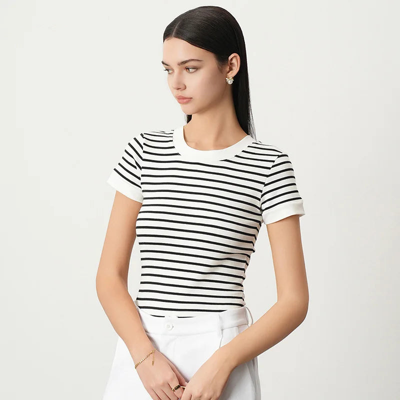 Velarve Women's Striped Crop T-Shirt, Short Sleeve Round Neck