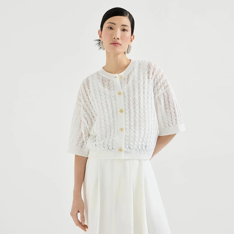 Velarve Women's White Cotton Cardigan, Crewneck Button-Front