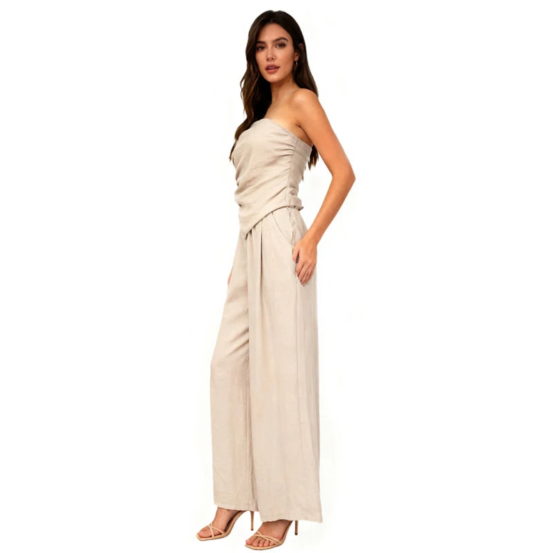 Velarve Women's Khaki Tube Top & Wide-Leg Pants Set