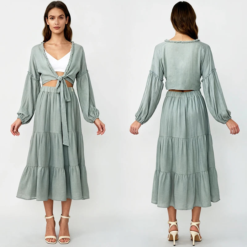 Velarve Women's Light Green Cropped Cardigan & Tiered Maxi Skirt Set