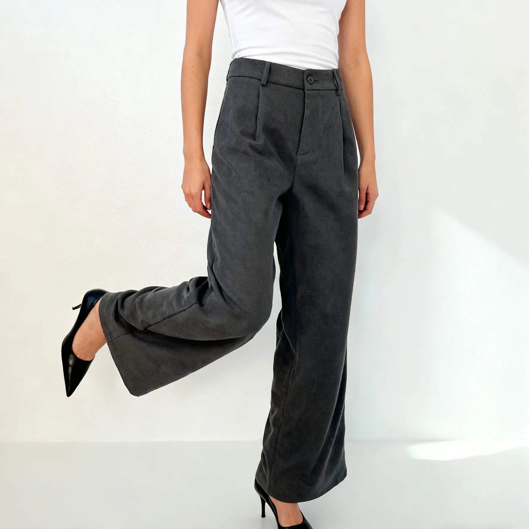 Velarve Women's Dark Gray Pleated Wide-Leg Trousers, High Waist