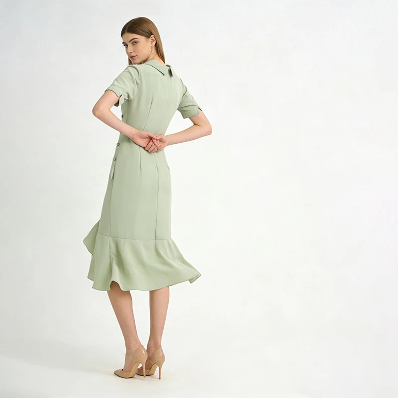 Velarve Women's Mint Green Double-Breasted Midi Dress, Ruffled Short Sleeve