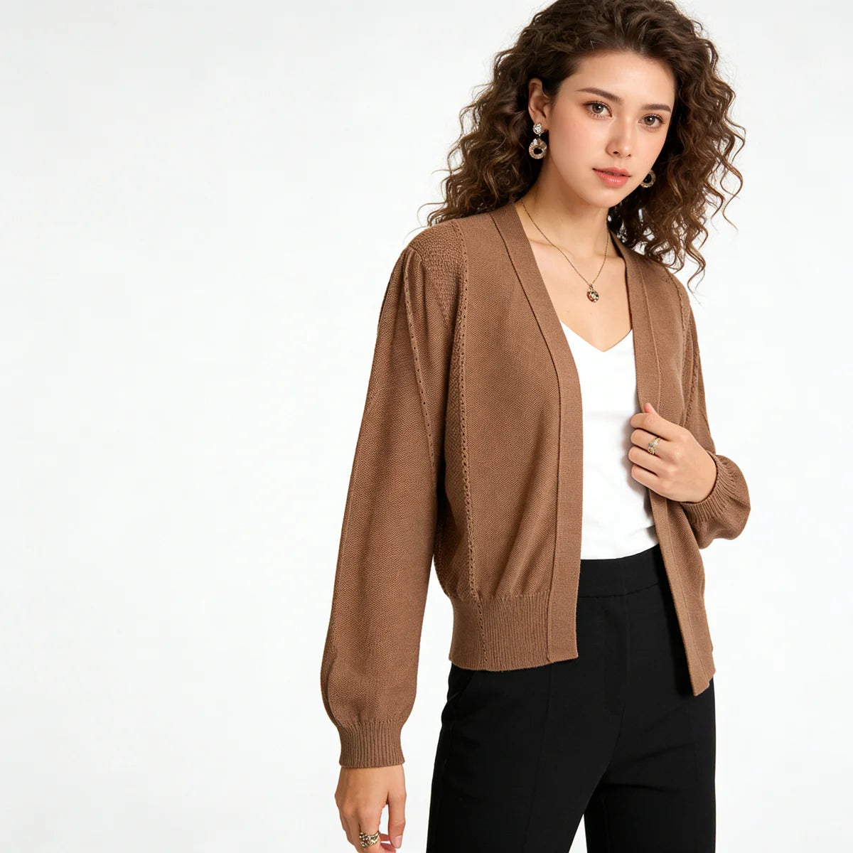 Velarve Women's Brown Open-Front Cotton Cardigan
