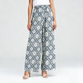 Velarve Women's Light Blue Tile-Print Wide-Leg Pants, High Waist