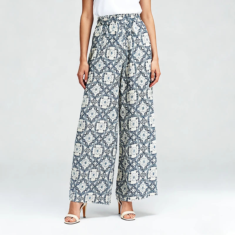 Velarve Women's Light Blue Tile-Print Wide-Leg Pants, High Waist
