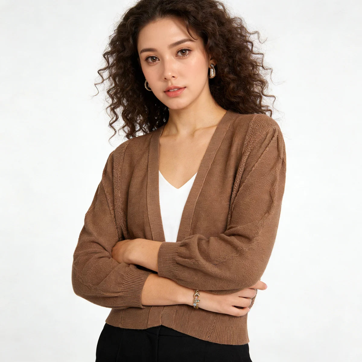Velarve Women's Brown Open-Front Cotton Cardigan