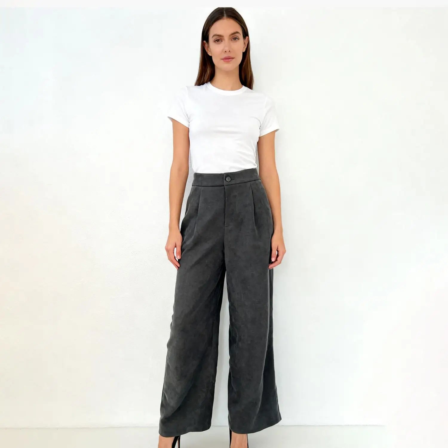 Velarve Women's Dark Gray Pleated Wide-Leg Trousers, High Waist