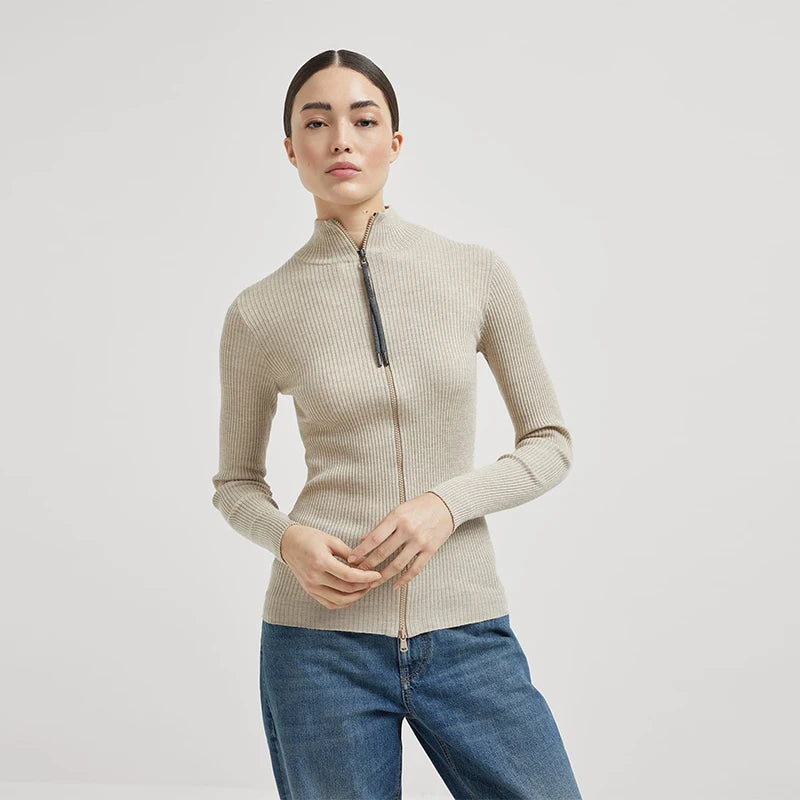 Velarve Women's Khaki Oversized Turtleneck Cardigan, Cotton Knit