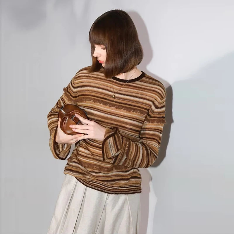 Velarve Women's Brown Striped Knit Top, Slim Fit Long Sleeve
