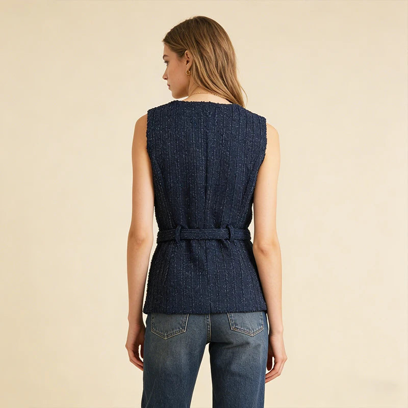 Velarve Women's Navy Tweed Belted Vest, Gold-Button Waistcoat