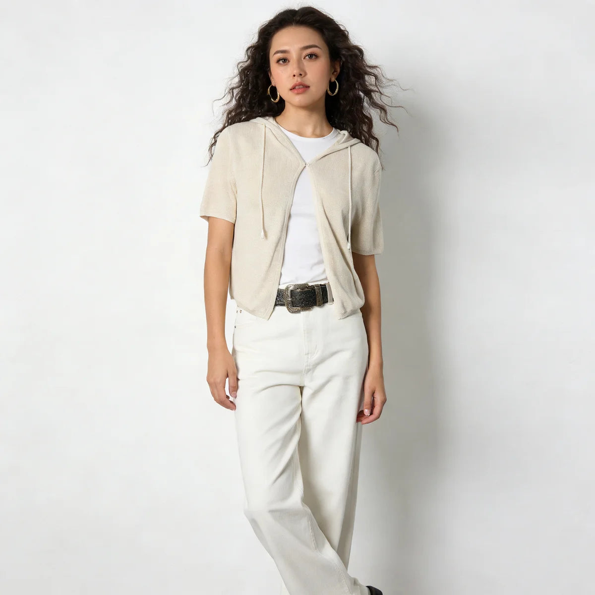 Velarve Women's Ivory Crochet Cardigan, Short Sleeve V-Neck