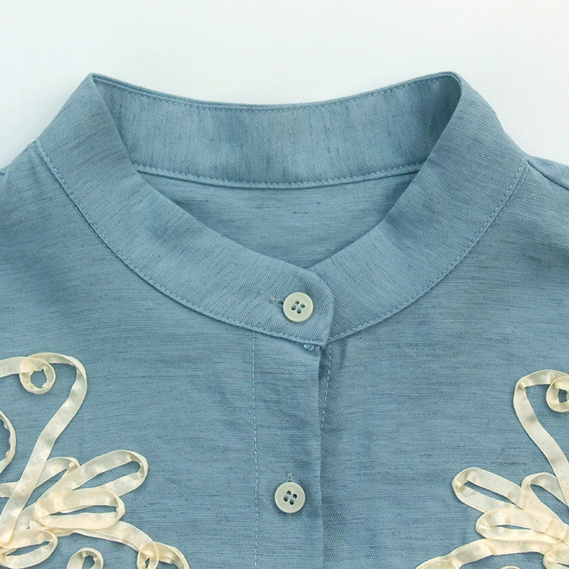 Velarve Women's Light Blue Embroidered Shirt & Wide-Leg Pants Set