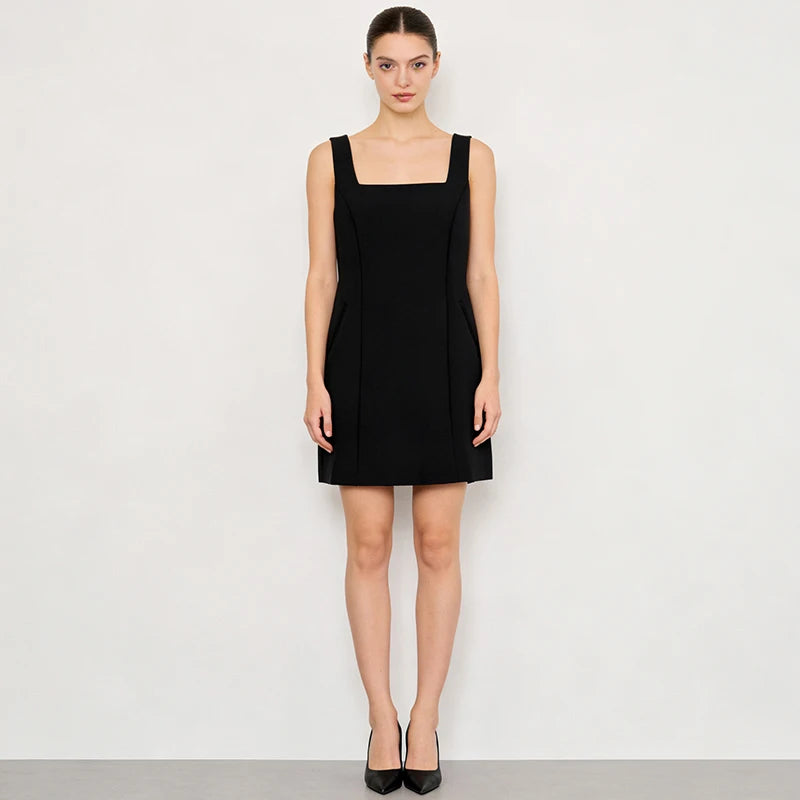 Velarve Women's Black Square-Neck Mini Dress, Structured A-Line