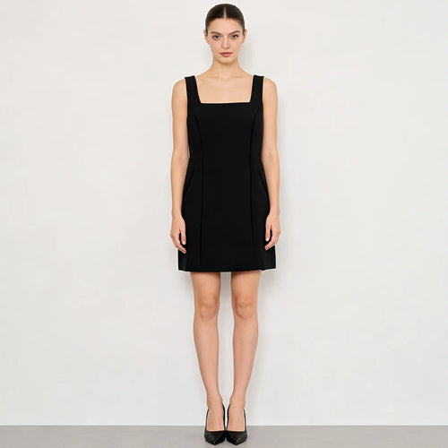 Velarve Women's Black Square-Neck Mini Dress, Structured A-Line