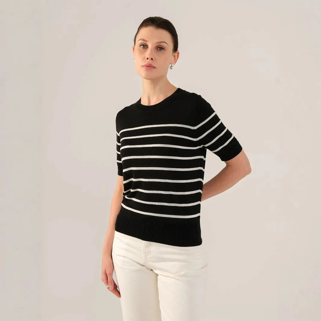 Velarve Women's Striped Knit Top, Round-Neck Short Sleeve