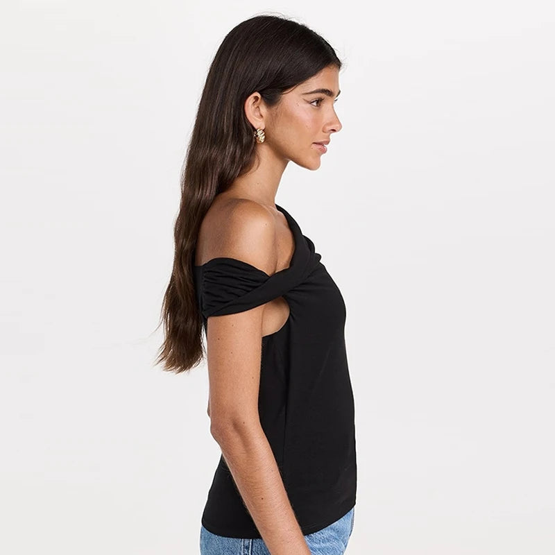 Velarve Women's Black Off-Shoulder Crop Top, Slim Fit