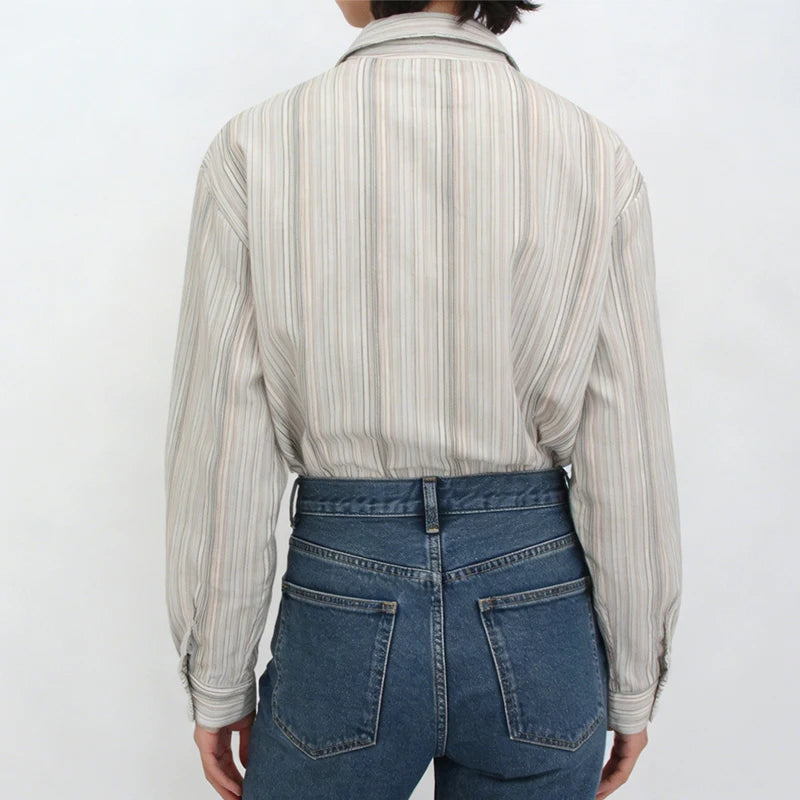 Velarve Women's Beige Striped Oversized Shirt, Long Sleeve Blouse