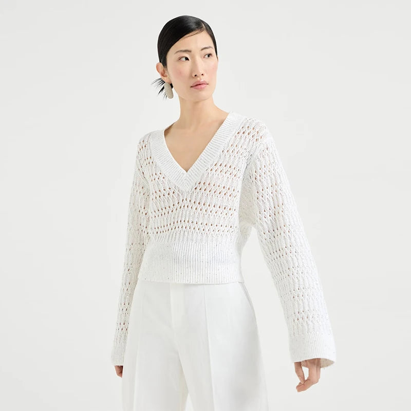Velarve Women's White Open-Front Cardigan, V-Neck Pointelle