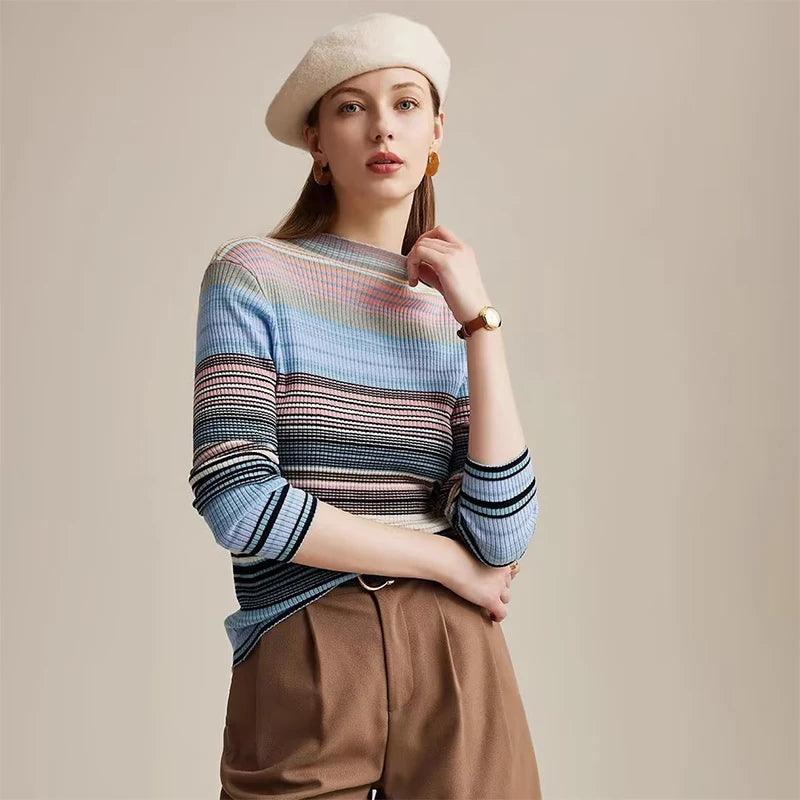 Velarve Women's Striped Knit Pullover Sweater, Long Sleeve
