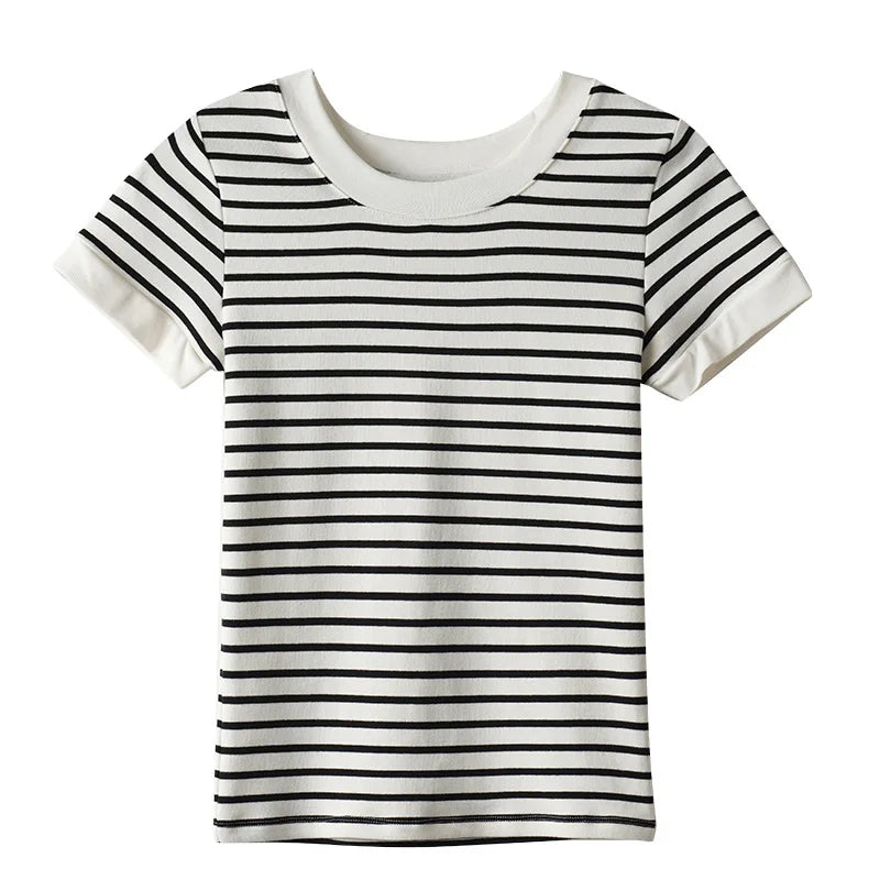 Velarve Women's Striped Crop T-Shirt, Short Sleeve Round Neck