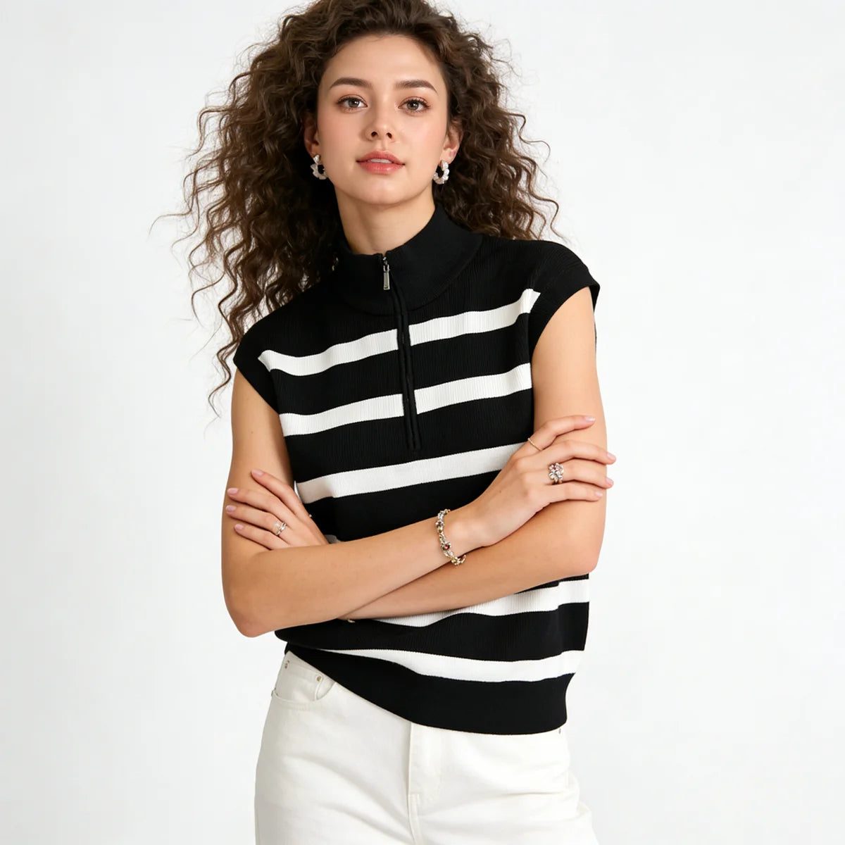 Velarve Women's Black Turtleneck Striped Sweater