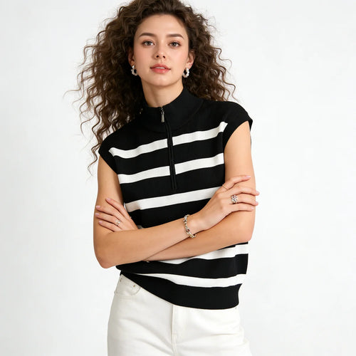 Velarve Women's Black Turtleneck Striped Sweater