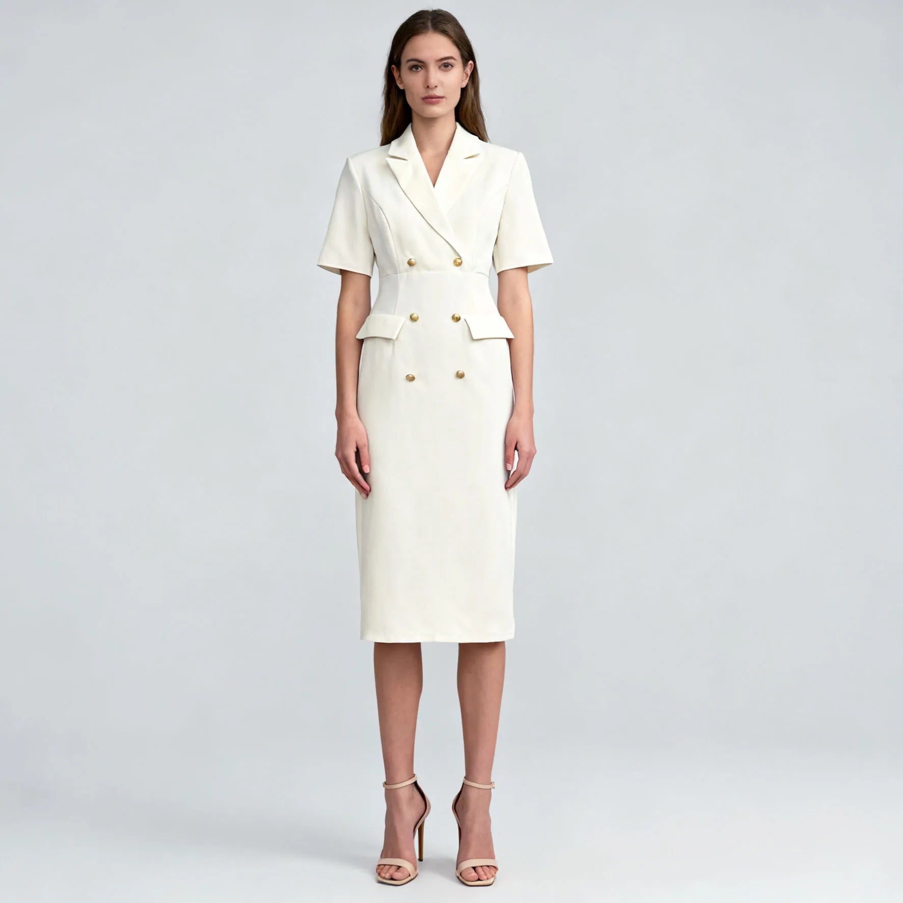 Velarve Women's Ivory Double-Breasted Blazer Dress, Short Sleeve