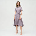 Velarve Women's Lavender Belted Shirt Dress, Short Sleeve Midi