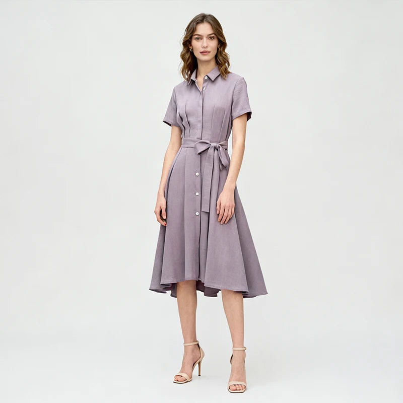 Velarve Women's Lavender Belted Shirt Dress, Short Sleeve Midi