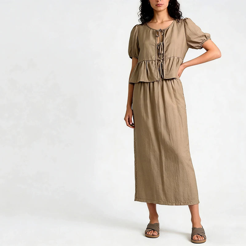 Velarve Women's Khaki Peplum Blouse & Midi Skirt Set
