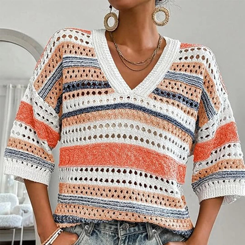 Velarve Women's V-Neck Short Sleeve Knit Sweater