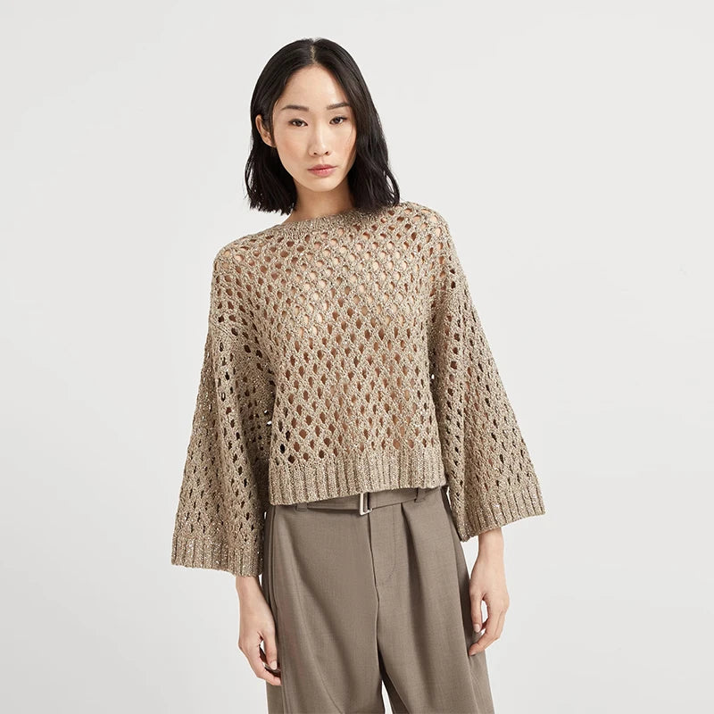 Velarve Women's Khaki Cotton Crewneck Sweater