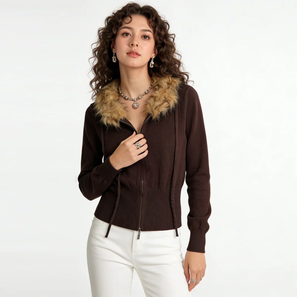 Velarve Women's Brown Cotton Cardigan Jacket