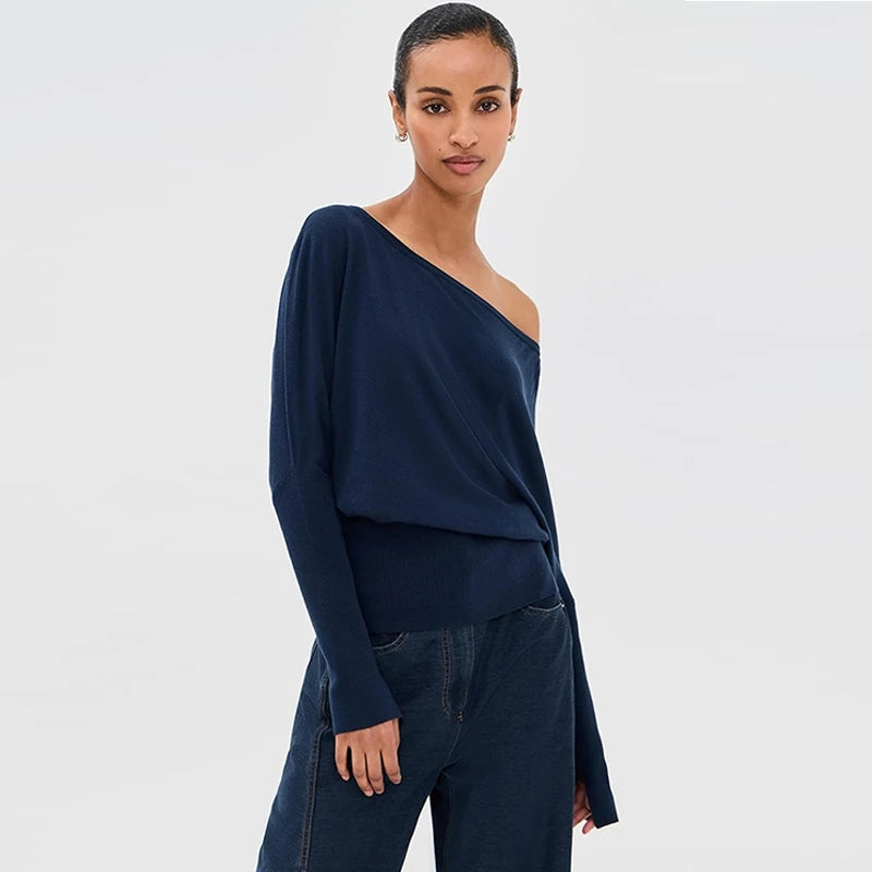 Velarve Women's Navy Off-Shoulder Sweater, Long Sleeve Fitted Knit