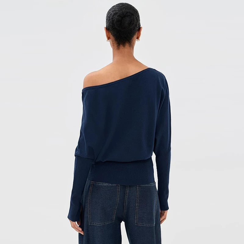 Velarve Women's Navy Off-Shoulder Sweater, Long Sleeve Fitted Knit