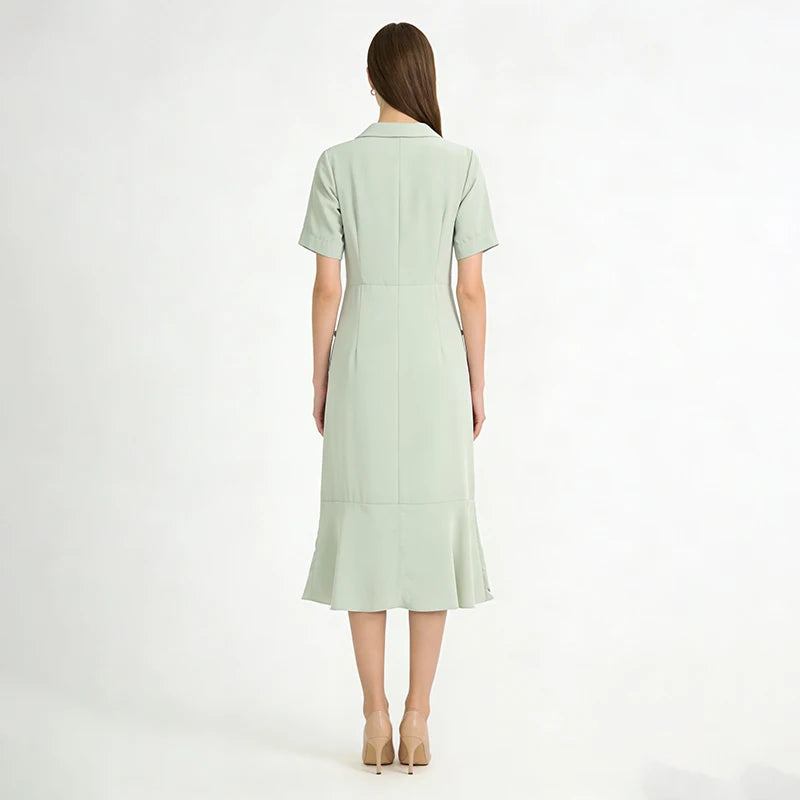 Velarve Women's Mint Green Double-Breasted Midi Dress, Ruffled Short Sleeve