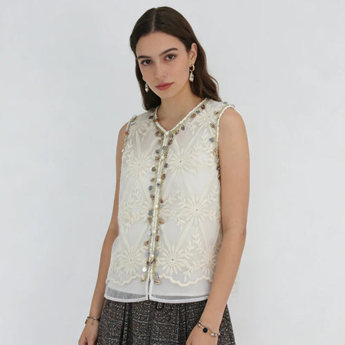 Velarve Women's Beige Sheer Embroidered Vest, Beaded V-Neck