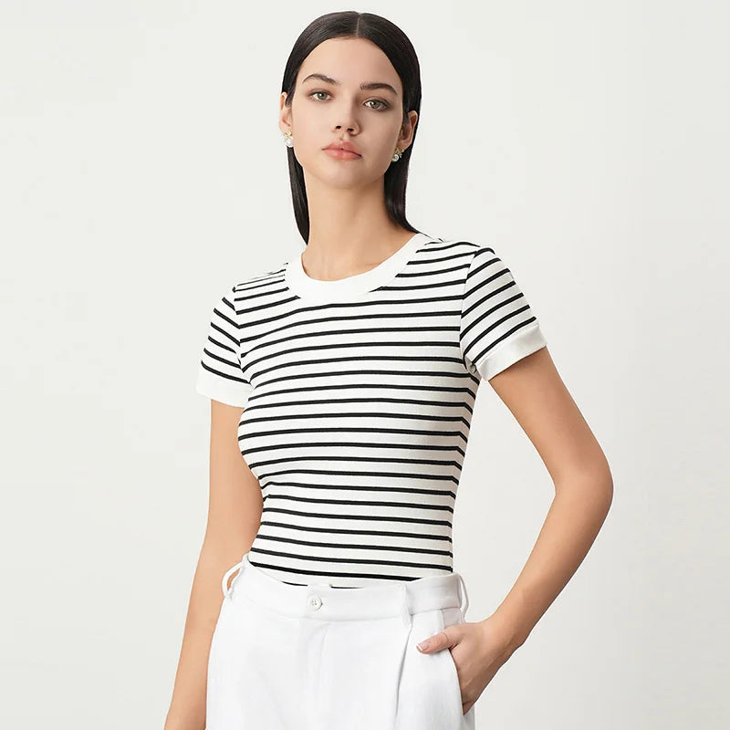 Velarve Women's Striped Crop T-Shirt, Short Sleeve Round Neck
