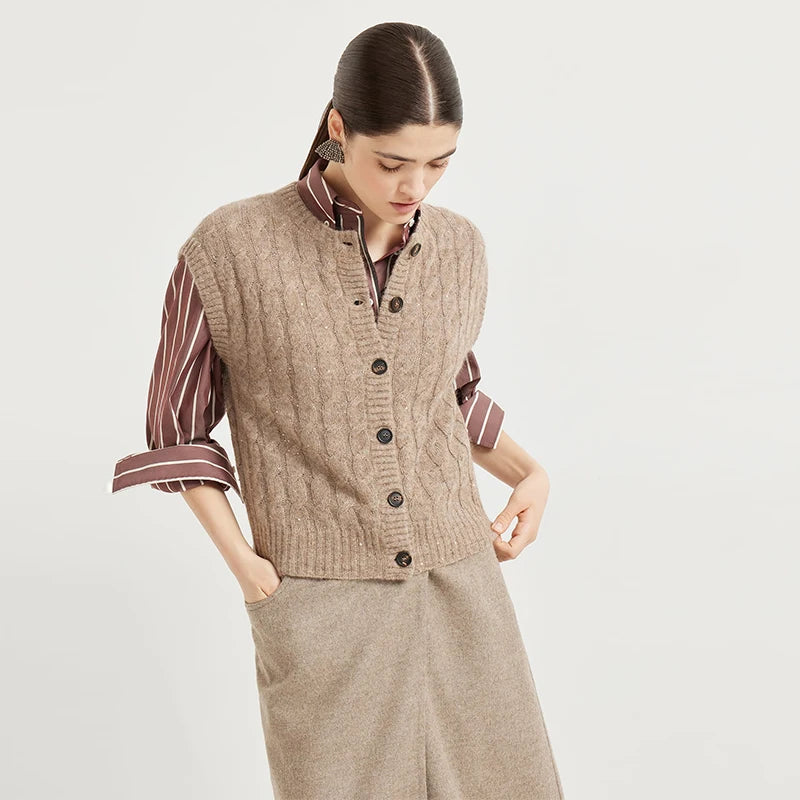 Velarve Women's Khaki Sleeveless Cotton Cardigan, Plain Knit
