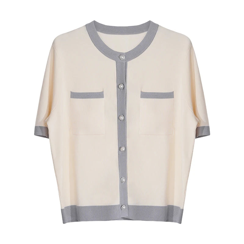 Velarve Women's Silver Cropped Button Cardigan, Short Sleeve Knit