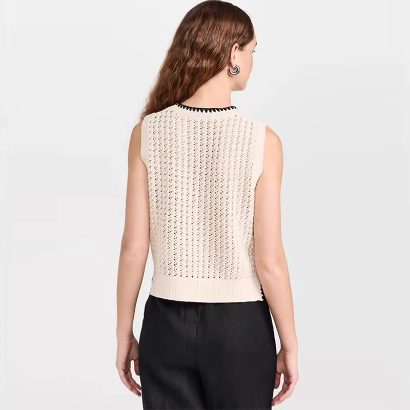 Velarve Women's Ivory Sleeveless Knit Crop Vest, Cotton