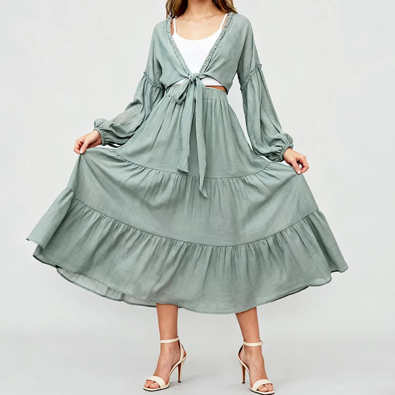 Velarve Women's Light Green Cropped Cardigan & Tiered Maxi Skirt Set