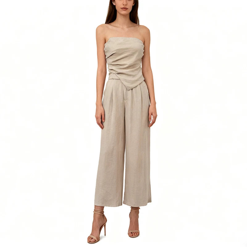 Velarve Women's Khaki Tube Top & Wide-Leg Pants Set