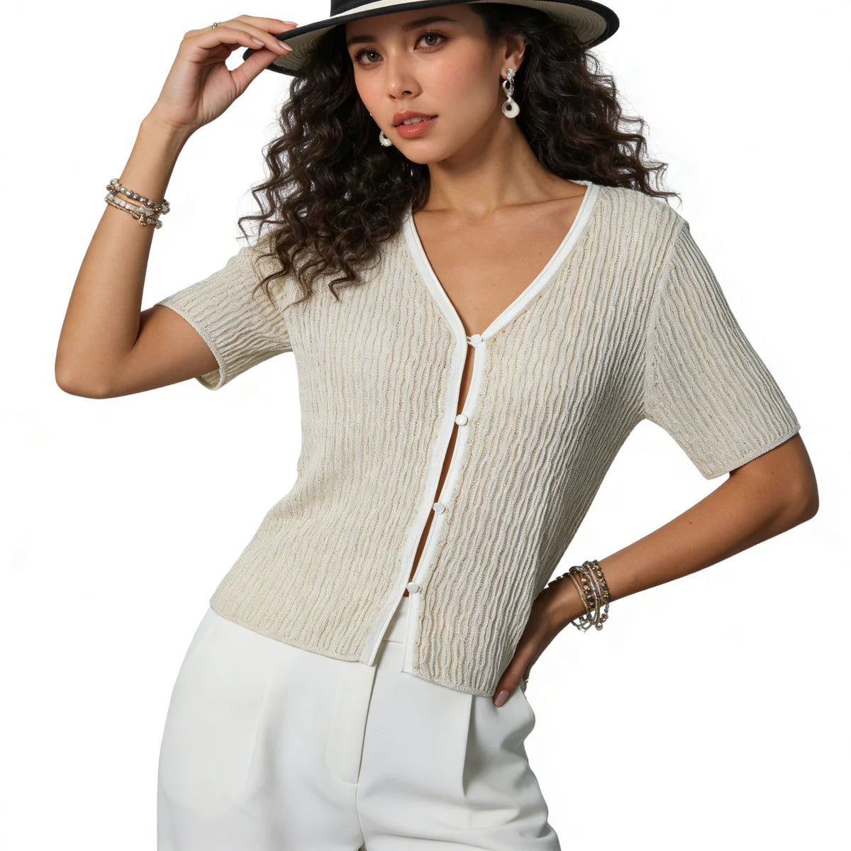 Velarve Women's Ivory Short Sleeve Cotton Cardigan