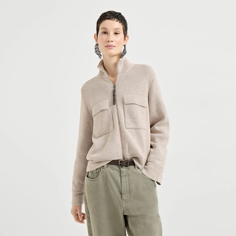 Velarve Women's Champagne Cable-Twist Turtleneck Cardigan
