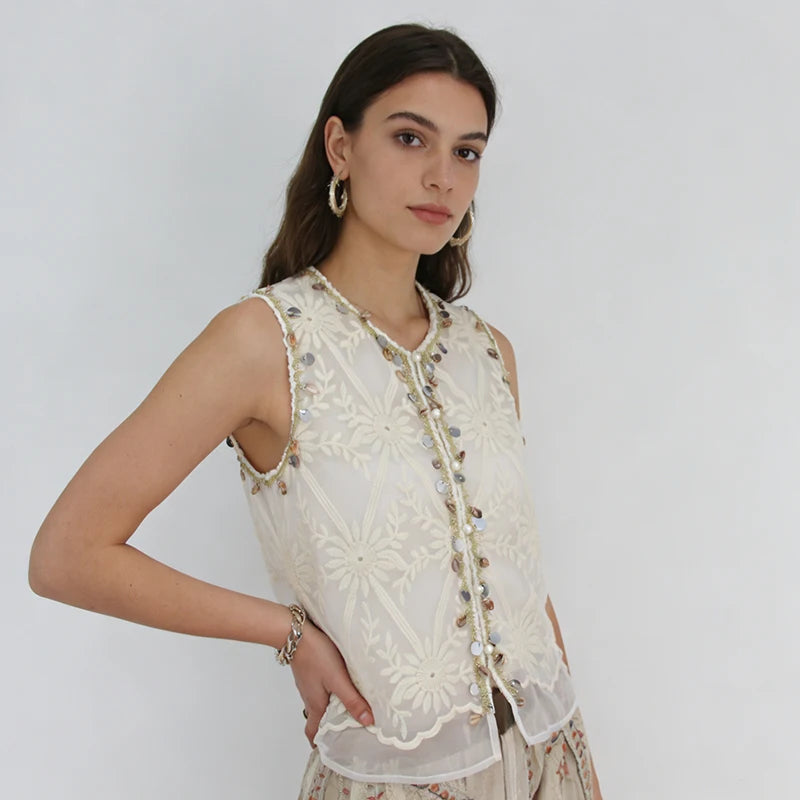 Velarve Women's Beige Sheer Embroidered Vest, Beaded V-Neck