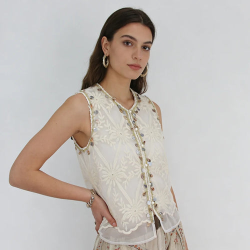 Velarve Women's Beige Sheer Embroidered Vest, Beaded V-Neck