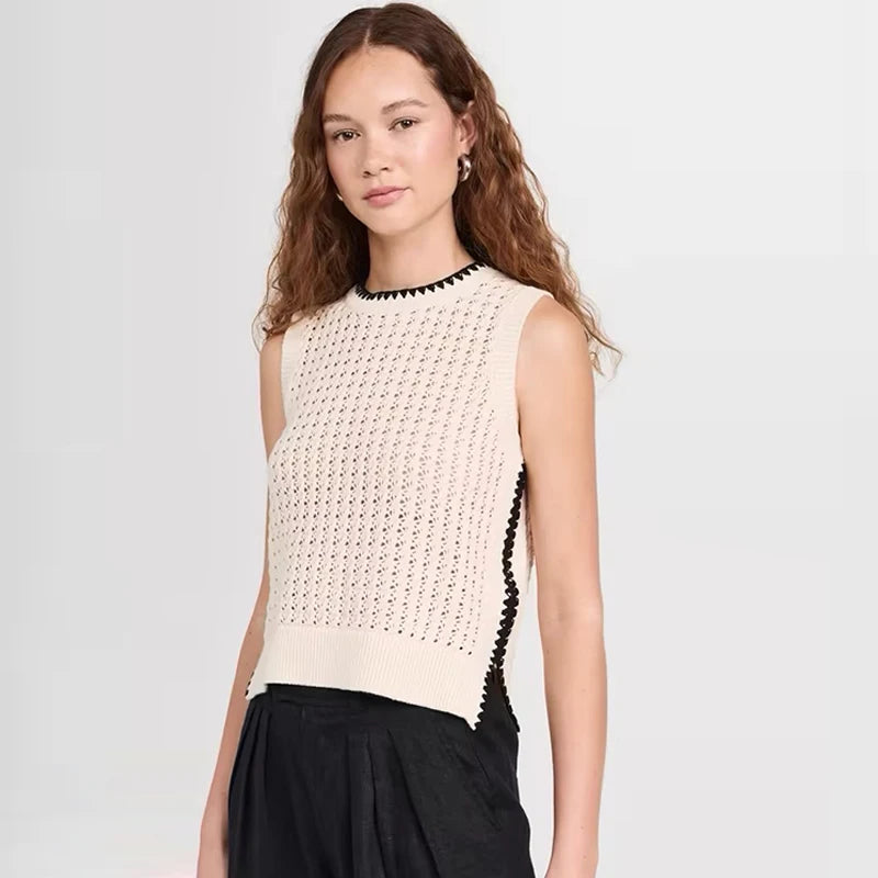 Velarve Women's Ivory Sleeveless Knit Crop Vest, Cotton
