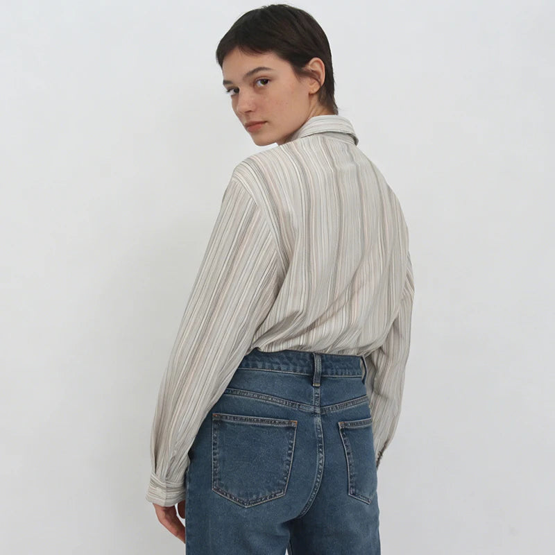 Velarve Women's Beige Striped Oversized Shirt, Long Sleeve Blouse