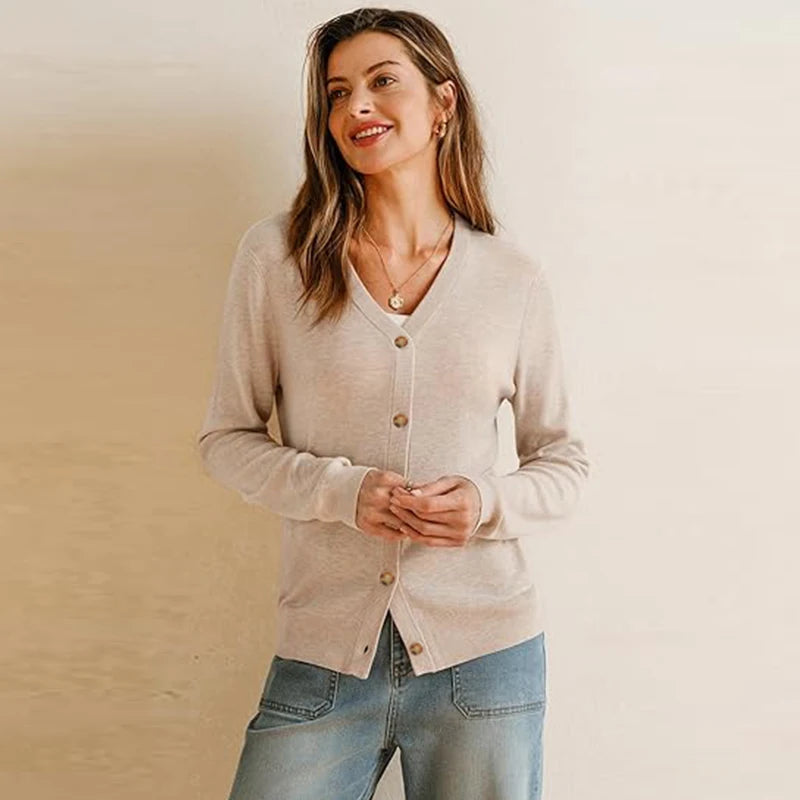 Velarve Women's Gold Wool V-Neck Cardigan Sweater, Long Sleeve